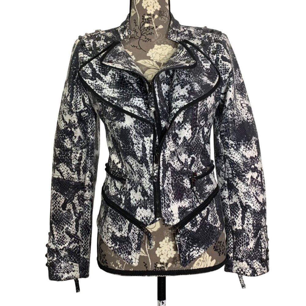 CHOUYATOU Snake Print Studded Faux Leather Biker Jacket Womens SZ Small EUC